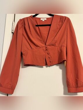 Cropped V-Neck Button-Front Blouse in Rust